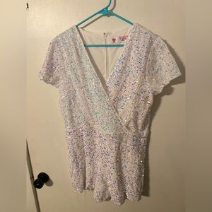 Shimmer, white, romper NWT! Fits more like a L/XL but has stretch.